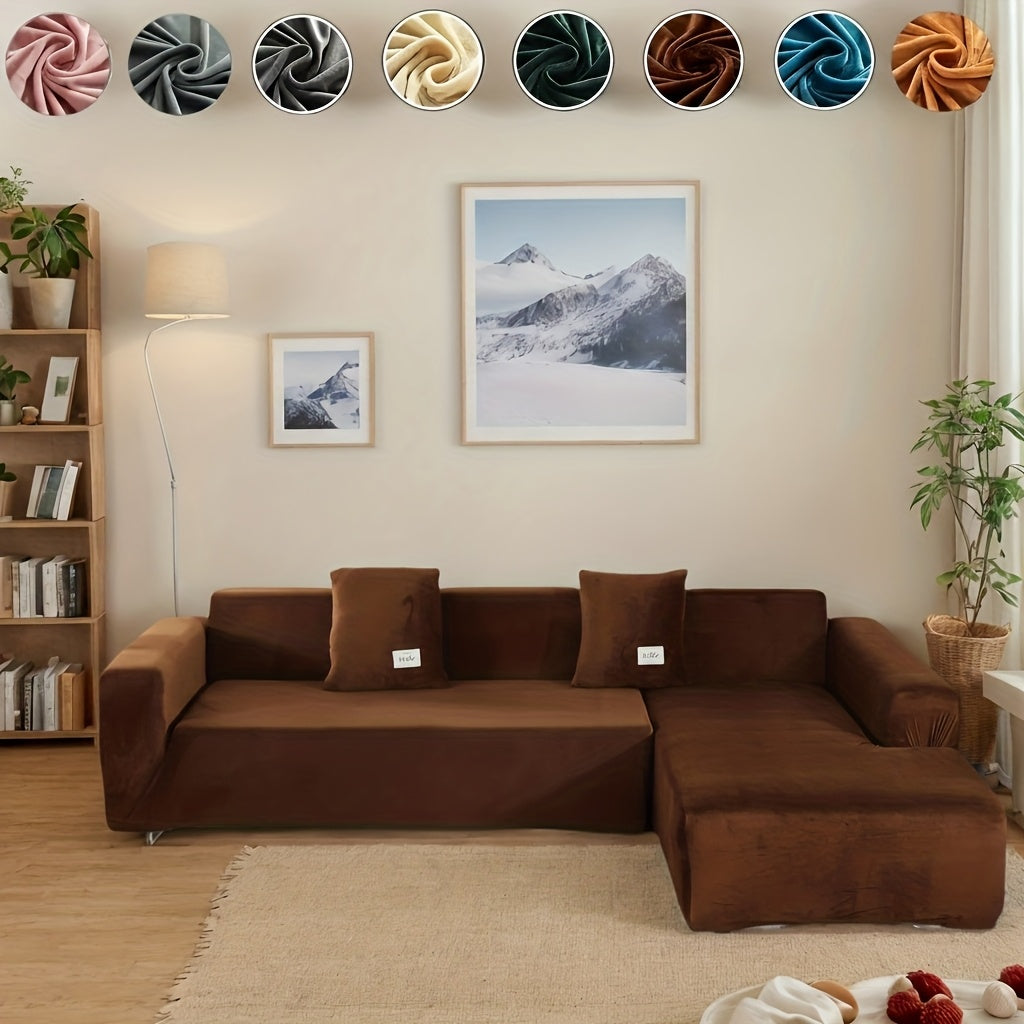 L-Shape Sectional Sofa Cover 2-Piece – Stretch Velvet Slipcover for 3+4 Seater Corner Couch, Foam Bar Secure Fit, Easy Clean, 7 Colors