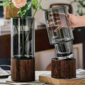 Wooden Glass Vases Set of 2 – 10 Inch Tall Cylindrical Boho Rustic Vases with Wood Base for Fireplace Mantel, Living Room Centerpiece, Bedroom, Kitchen & Desk Decor
