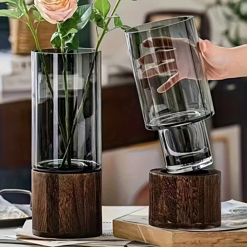 Wooden Glass Vases Set of 2 – 10 Inch Tall Cylindrical Boho Rustic Vases with Wood Base for Fireplace Mantel, Living Room Centerpiece, Bedroom, Kitchen & Desk Decor