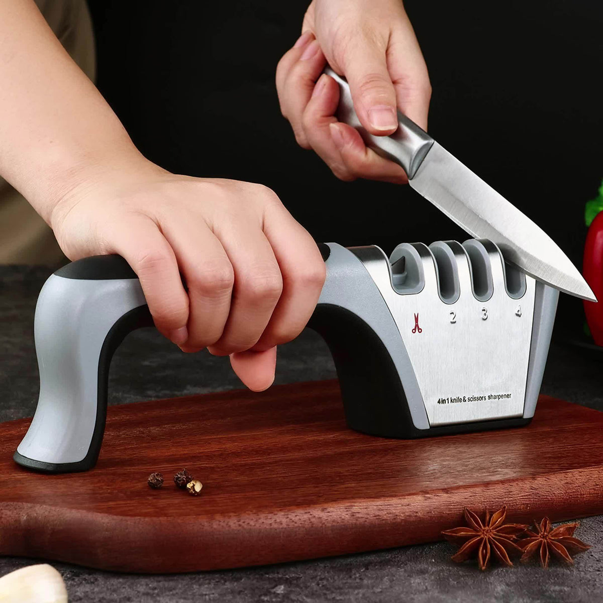 4-in-1 Manual Knife Sharpener with 4 Sharpening Stages – Sharpen, Hone & Polish Paring Knives, Kitchen Knives & Scissors | No Electricity Required