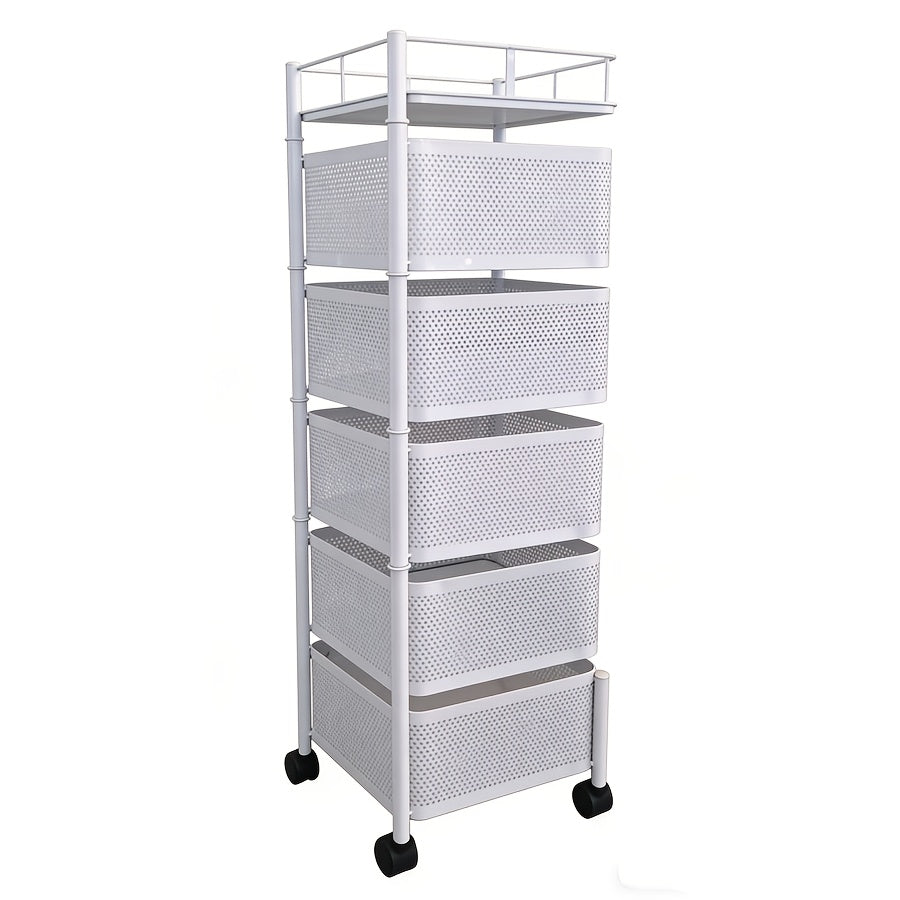 Rolling Kitchen Cart 5 Tier 360° Rotating Storage Organizer, Extra Large Standing Shelf with Locking Wheels & Removable Baskets for Pantry, Living Room & Office, Square Black
