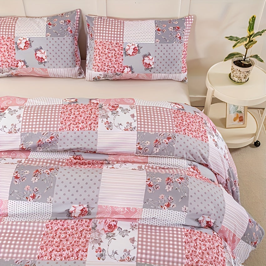 Floral Print Duvet Cover Set 3pcs – Soft Breathable Splicing Floral Light Pink, Zip Closure, Machine Washable, 1 Duvet Cover + 2 Pillowcases, Twin to King, All-Season Bedding