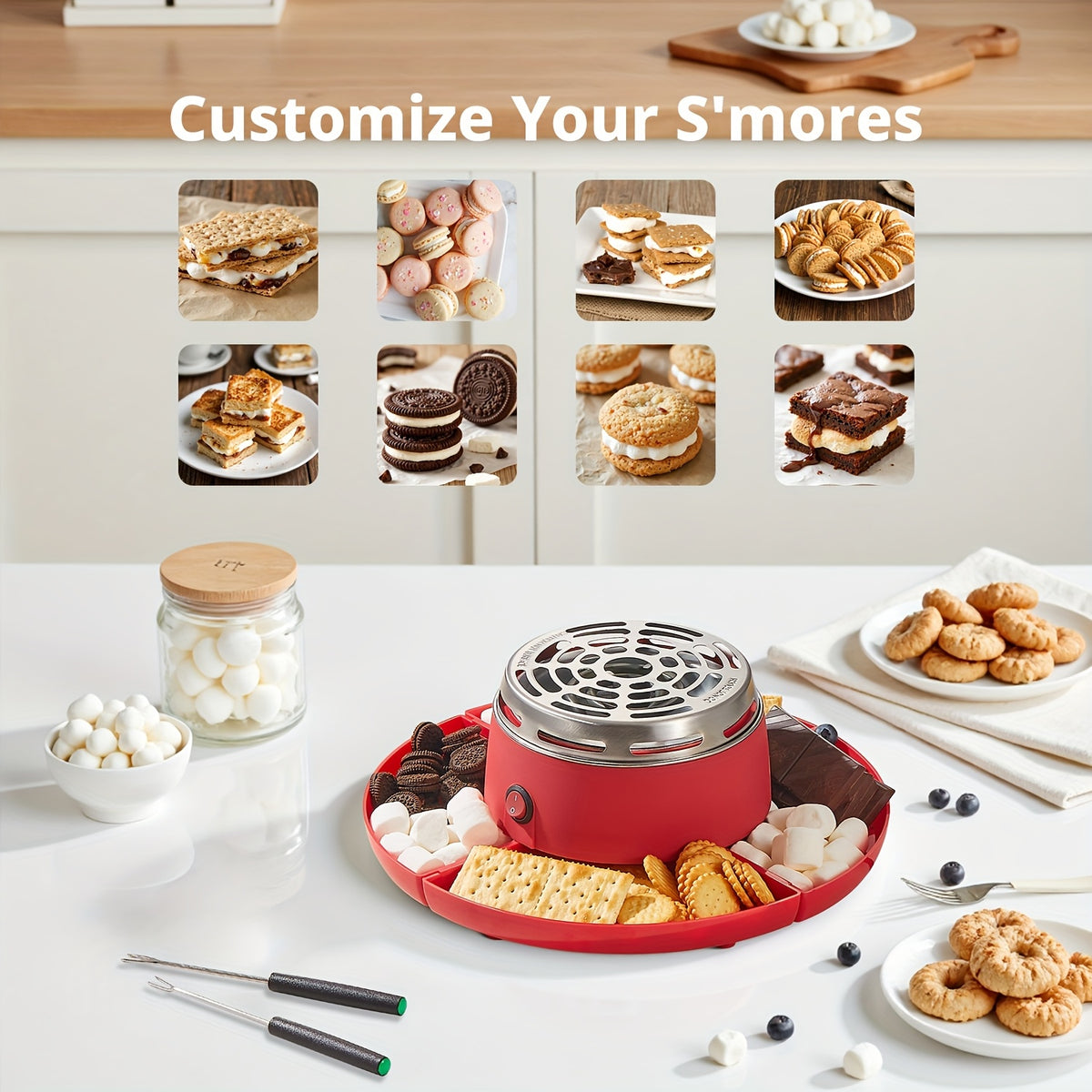 Tabletop S'mores Maker Flameless Electric Marshmallow Roaster with 4 Detachable Trays & 6 Roasting Forks – Indoor Date Night, Family & Game Night Fun
