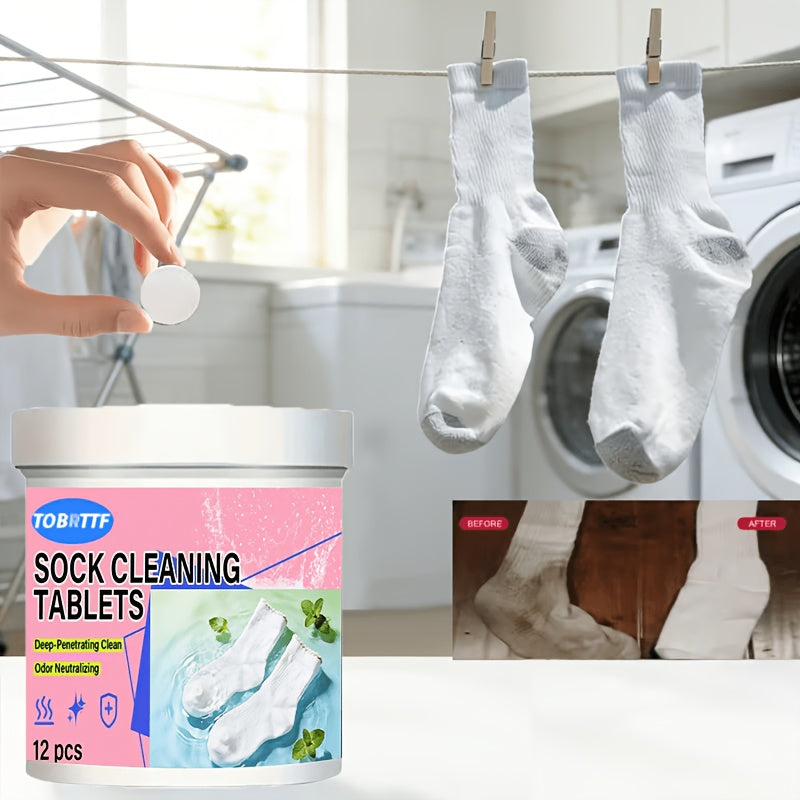 Sock Cleaning Tablets 12-Pack Deep Penetrating Clean Odor Neutralizing Sweat and Stain Remover Laundry Soak Tablets for Socks No Scrubbing Needed