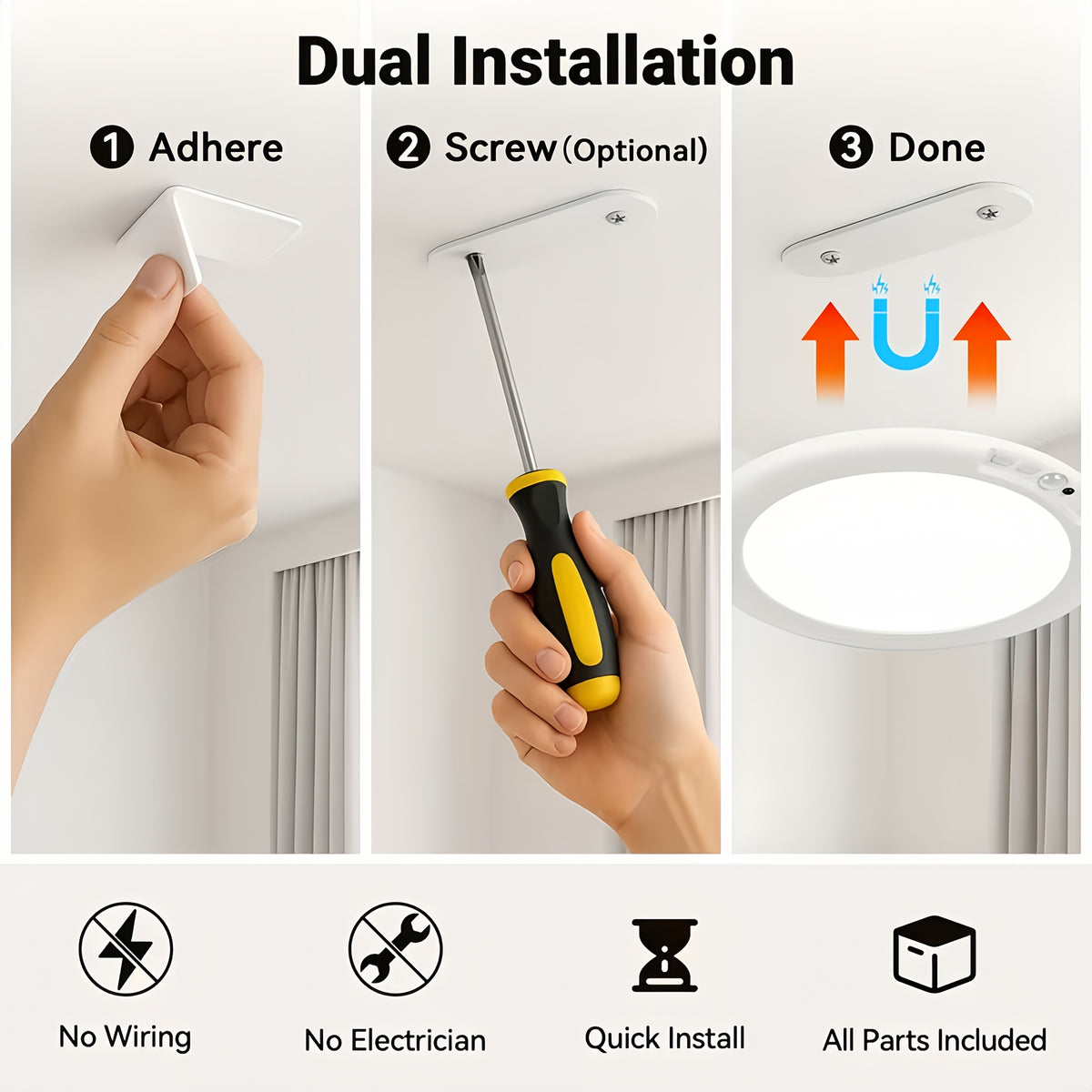 Rechargeable LED Ceiling Lamp with Motion Sensor – 3 Color Modes, 10 Brightness Levels, Remote Control & Timer – Battery-Powered Semi Flush Mount for Living Room, Kitchen & Bathroom