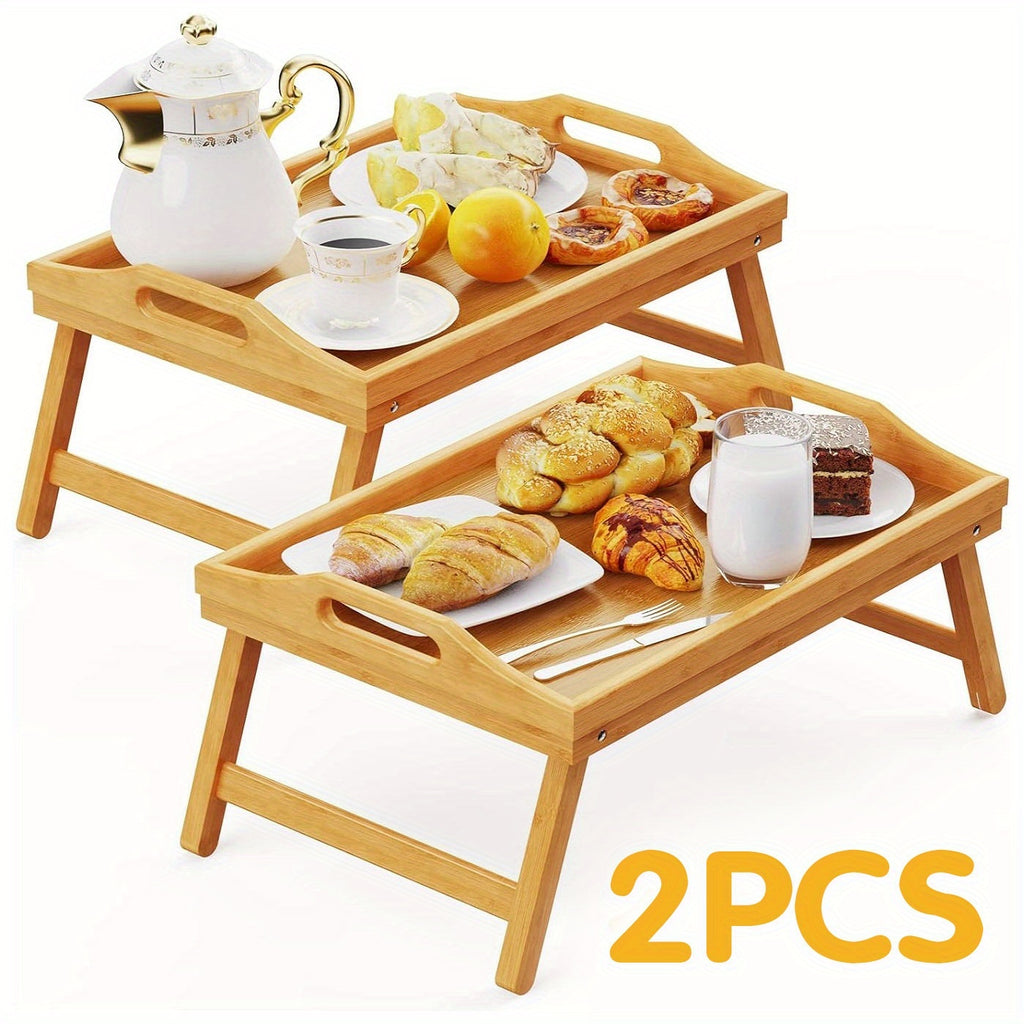 Bamboo Breakfast Tray with Folding Legs 19.5x12 Inch Lap Food Tray with Handle for Bed Sofa Eating Working Drawing Natural Black White Pack of 1 or 2