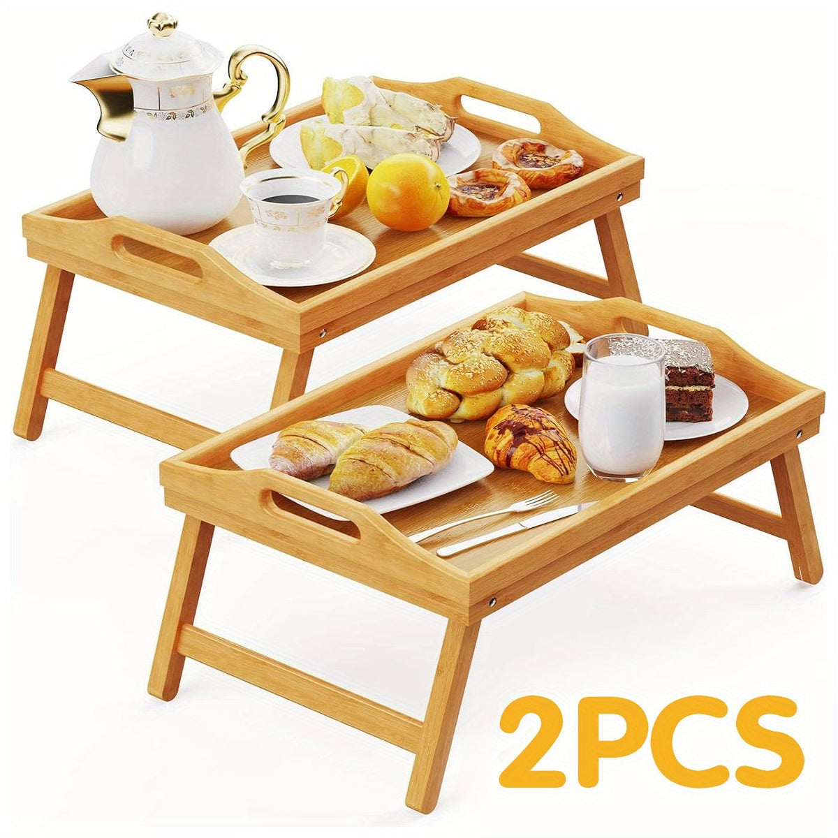 Bamboo Breakfast Tray with Folding Legs 19.5x12 Inch Lap Food Tray with Handle for Bed Sofa Eating Working Drawing Natural Black White Pack of 1 or 2