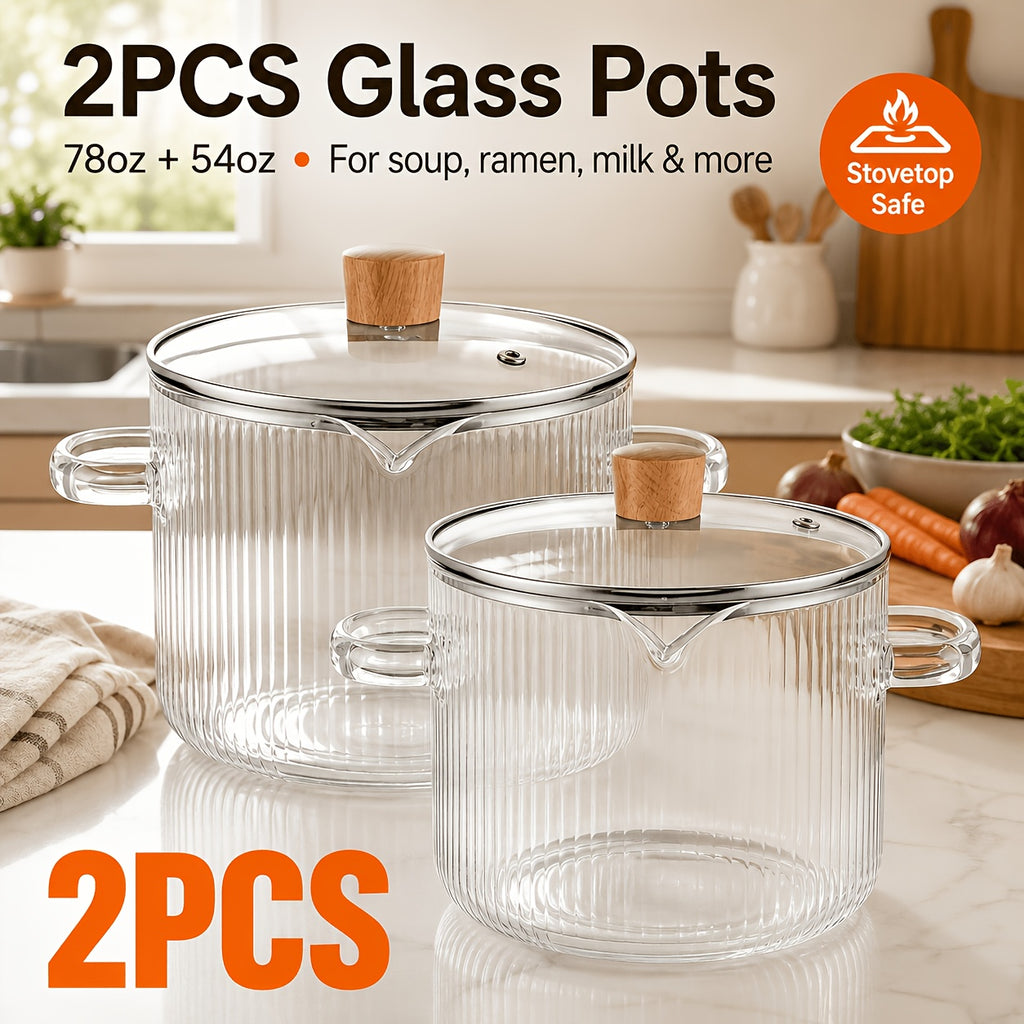 Borosilicate Glass Pots with Lids Set of 2 Stovetop Safe 78Oz & 54Oz Saucepan for Soup Ramen Milk Heat Resistant
