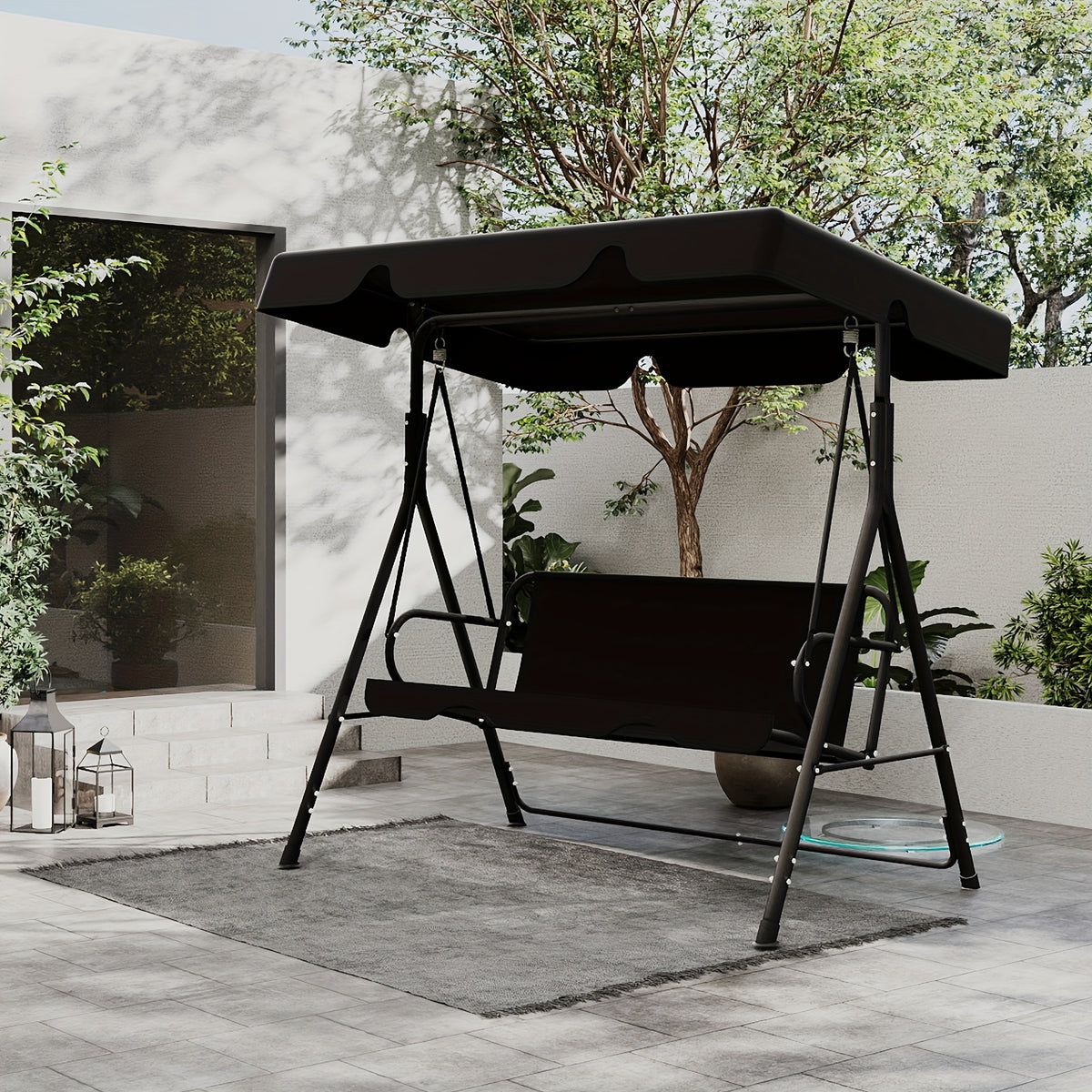 Outdoor Patio Swing Glider with Canopy & Heavy Duty Stand, Adjustable Bracket, Rust-Proof Powder Coated Frame, Sun Shade Polyester Canopy, Adult Porch Swing for Garden, Lawn and Backyard