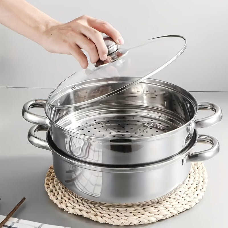304 Stainless Steel Stackable Steamer Pot with Tempered Glass Lid – 2-Tier or 5-Tier Heavy-Duty Steam Cooker for Dumplings Vegetables Pasta Meat, Home & Commercial