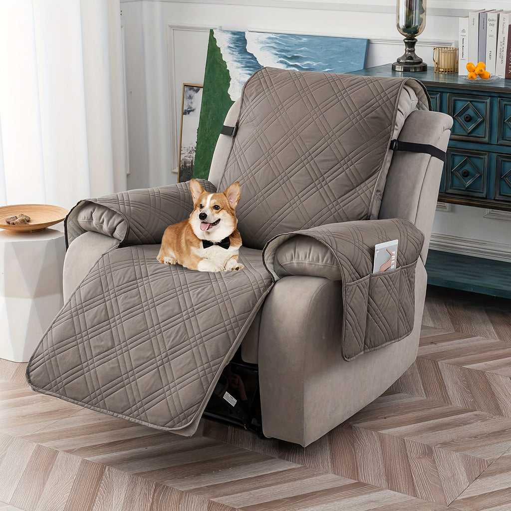 Waterproof Recliner Cover Pet Scratch-Resistant, 5-Layer Quilted Non-Slip Recliner Chair Slipcover with Pocket & Elastic Straps, Easy-Care Polyester Furniture Protector for Living Room, Bedroom & Office, Coffee/Gray