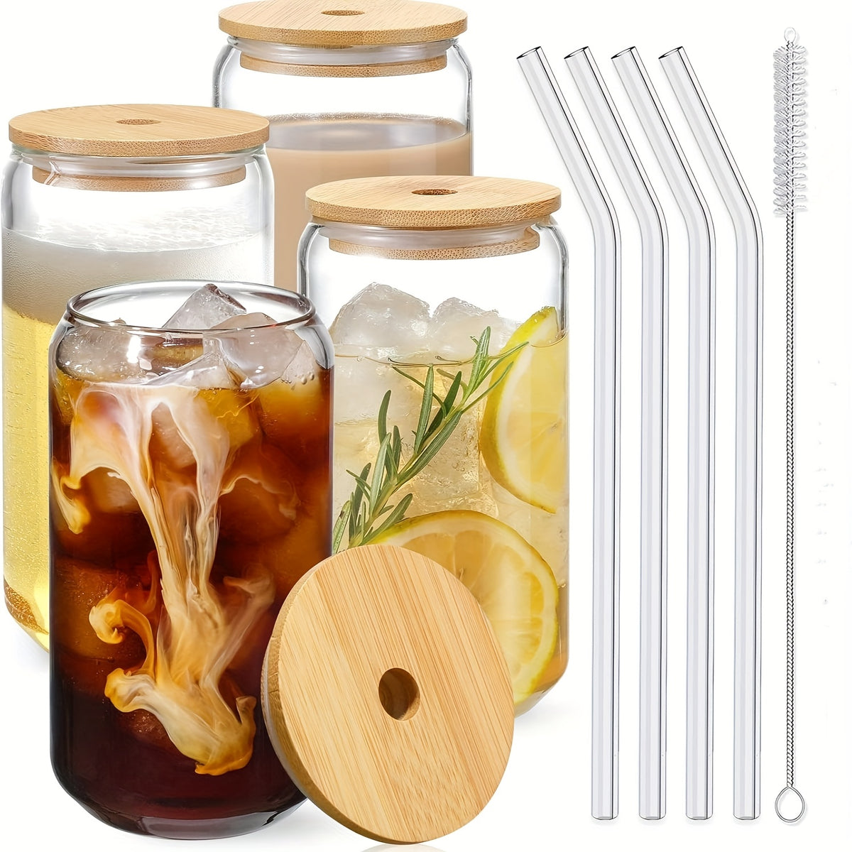Can Shaped Glass Cups Set 18.6oz 550ml with Lids Straws & Cleaning Brush - Iced Coffee Boba Tea Smoothie Cola Drinking Glasses Gift for Women Men Girls | Nuvia Haven