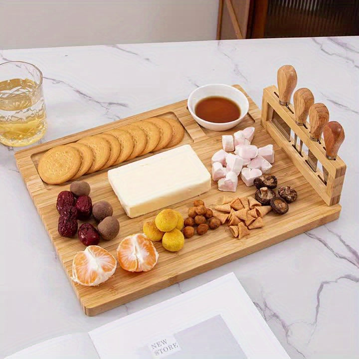 Wood Cheese Board Set with 4 Stainless Steel Knives 14x11 Inch Charcuterie Platter Appetizer Board for Party Wedding Gift Set of 1 or 2