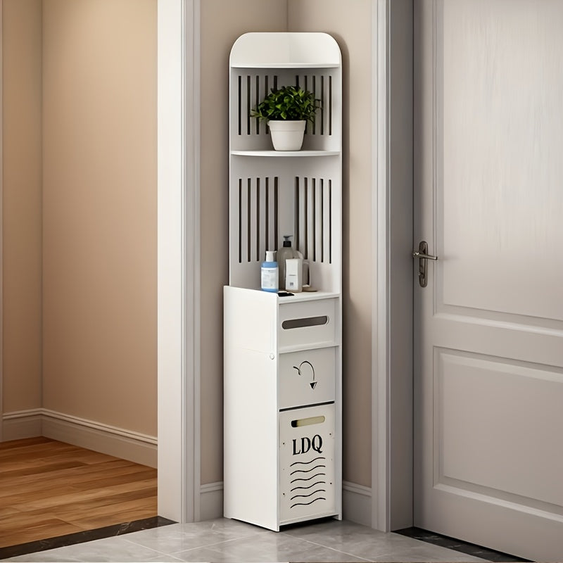 47-Inch Slim Floor Bathroom Storage Cabinet with Toilet Paper Holder & Hidden Trash Can – Narrow PVC Space-Saving Organizer Shelf for Small Bathroom, Apartment, Dorm, Kitchen, Laundry Room & Entryway