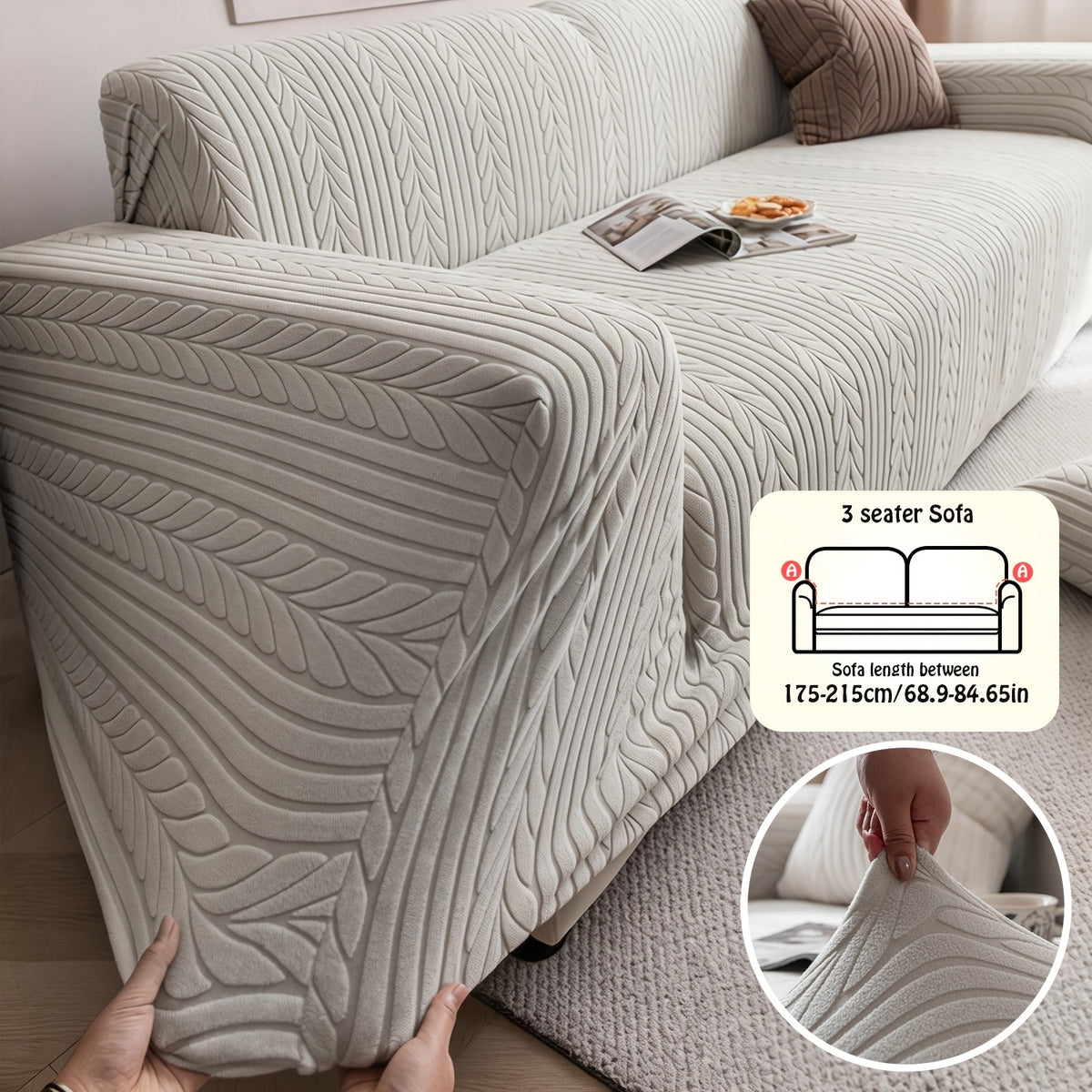 Striped Stretch Sofa Cover 1pc – Washable Non-Slip Scratch-Resistant All-Season Sofa Slipcover for 1 2 3 4 Seater, White Sawtooth Textured Fabric Couch Protector for Living Room Home Decor