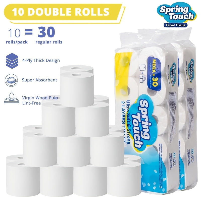 4-Ply Ultra-Soft Toilet Paper Bulk Rolls - Virgin Wood Pulp, Thick & Strong, No Flakes, Gentle on Skin, 10 / 20 / 30 Roll Packs for Home, Office & Hotel Bathrooms