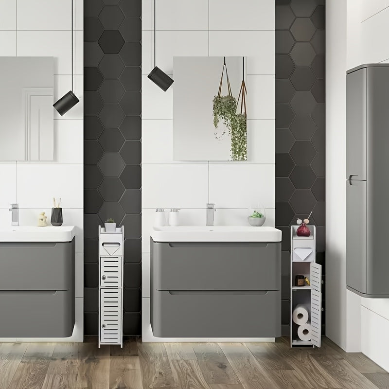 Floor Standing Bathroom Cabinet PVC Double Door White Thickened Space Saving Corner Shelf for Toilet Paper Shampoo Storage Home Hotel School Restroom