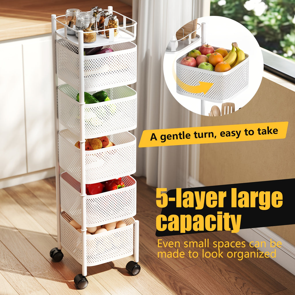 Rolling Kitchen Cart 5 Tier 360° Rotating Storage Organizer, Extra Large Standing Shelf with Locking Wheels & Removable Baskets for Pantry, Living Room & Office, Square Black