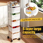 Rolling Kitchen Cart 5 Tier 360° Rotating Storage Organizer, Extra Large Standing Shelf with Locking Wheels & Removable Baskets for Pantry, Living Room & Office, Square Black