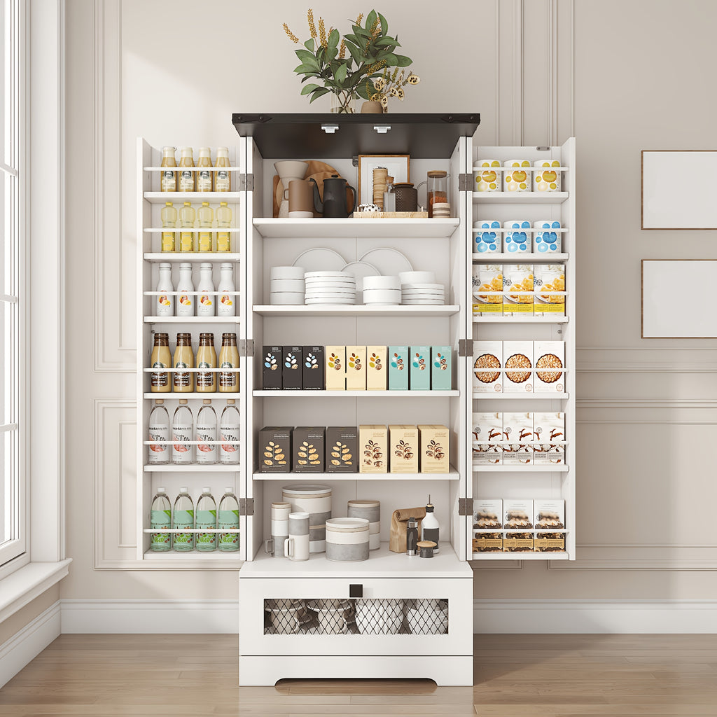 55 Inch Pantry Cabinet Kitchen Storage Cabinet with Adjustable Shelves and Drawer Wooden Buffet Cupboard for Kitchen Living Room Bathroom Dining Room Black White Brown