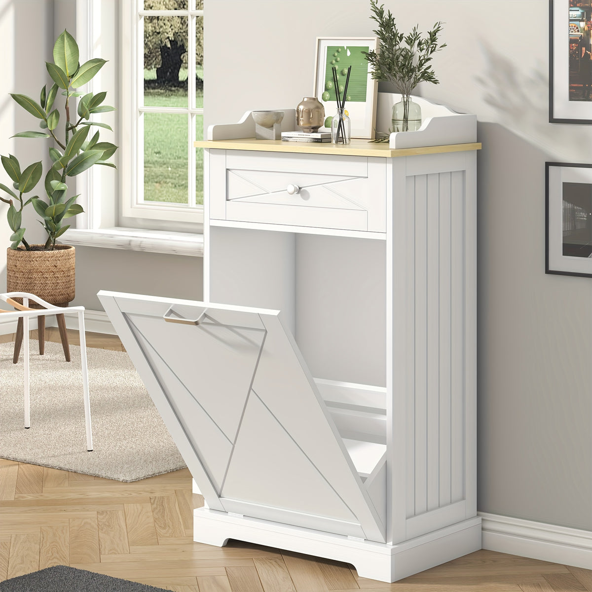 Tilt-Out Trash Can Cabinet 12 Gallon – Hidden Trash Cabinet with Drawers for Kitchen, Pantry & Laundry Room, Freestanding Kitchen Island Storage