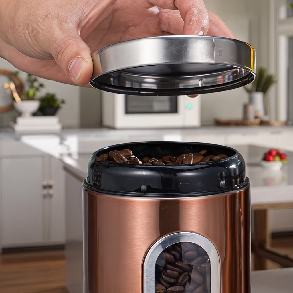 Airtight Stainless Steel Canister Set of 3 – Copper Finish with Visible Window, Round Food Storage Containers for Coffee Beans, Tea, Sugar, Flour & Pantry