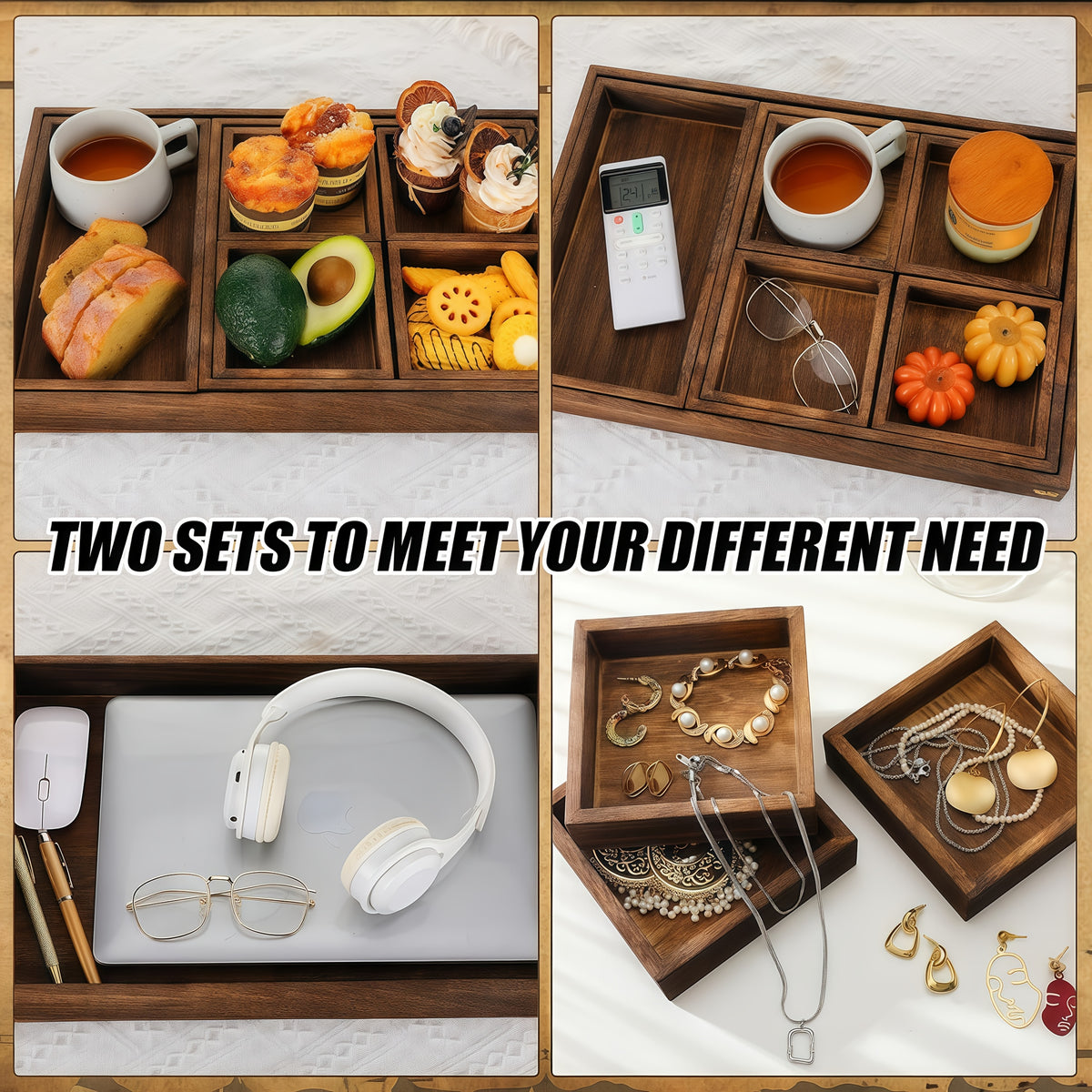 7-Piece Rustic Rectangular Serving Trays with Handles Vintage Elegance Tea Coffee Snack Fruit Dessert Tray Set for Kitchen Living Room