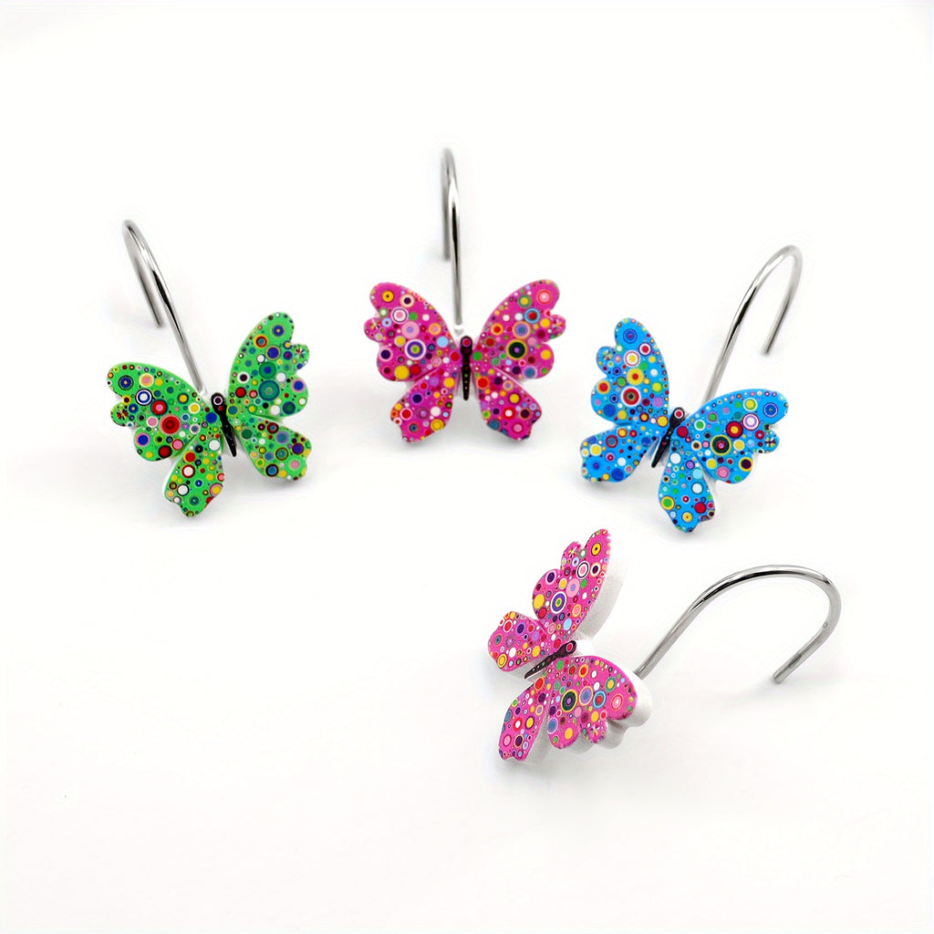 Butterfly Shower Curtain Hooks 12 Pack - Decorative Rustproof Metal Curtain Hook Rings, Colorful Aesthetic Design for Bathroom, Wardrobe & Living Room, Green Blue Tricolor Options