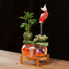 USB Powered Glass & Ceramic Fish Waterfall Desktop Fountain – Hanging Goldfish Design, Decorative Water Feature with Glass Fish & Plants for Living Room, Office & Zen Decor, Unique Gift
