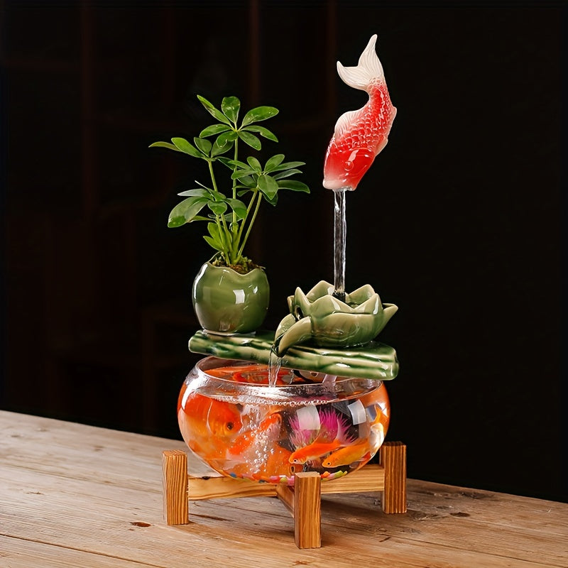 USB Powered Glass & Ceramic Fish Waterfall Desktop Fountain – Hanging Goldfish Design, Decorative Water Feature with Glass Fish & Plants for Living Room, Office & Zen Decor, Unique Gift