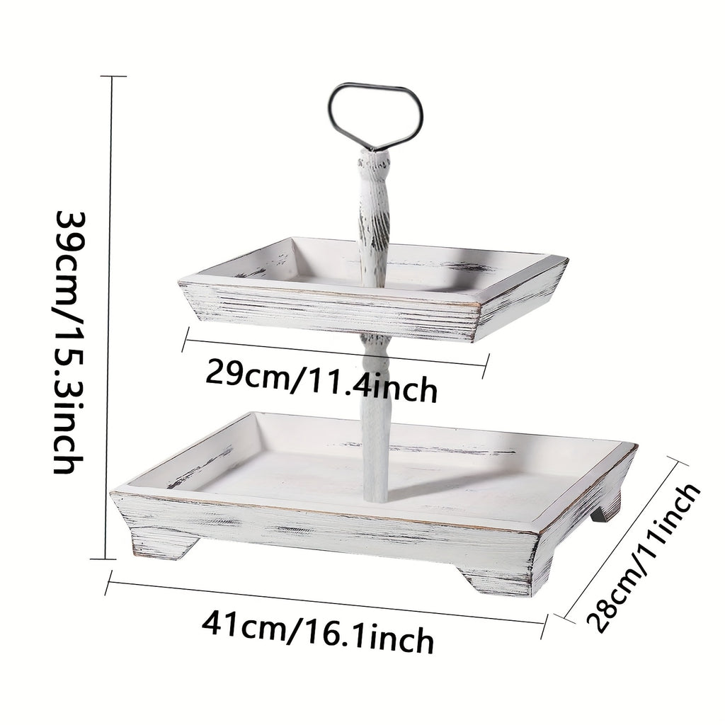 2-Tier Rustic Farmhouse Wooden Tray with Metal Handle Handmade Decorative Serving Tray Distressed Finish for Home Decor Kitchen Dining Halloween Christmas