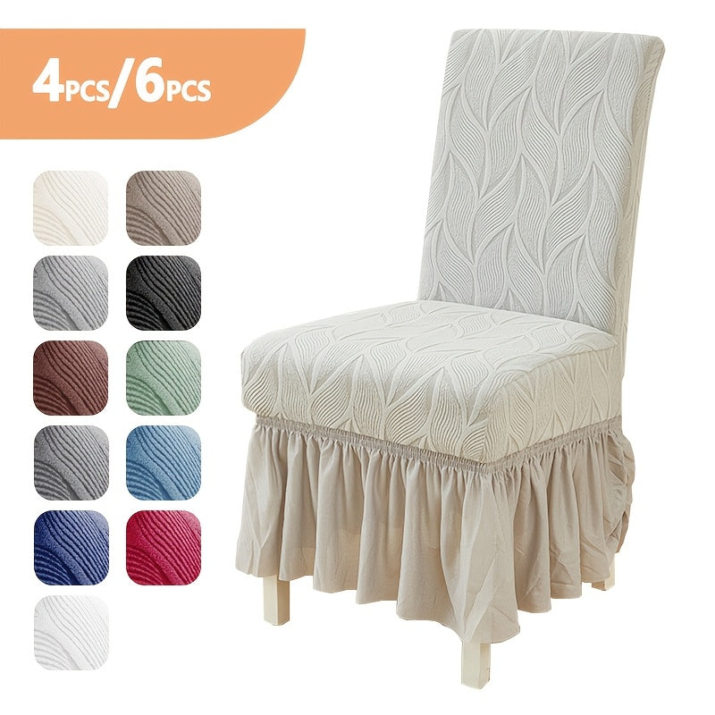 Jacquard Leaf Stretch Dining Chair Covers with Skirt 4 or 6 Pack, Universal Removable Parsons Chair Slipcovers for Dining Room Kitchen Wedding Party Banquet