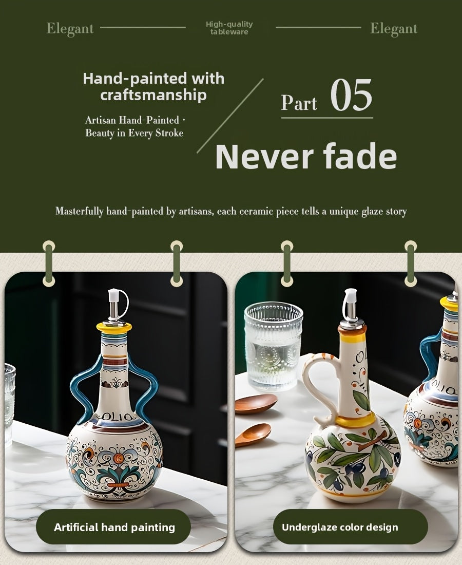 Hand-Painted Ceramic Oil & Vinegar Dispenser Set, Anti-Drip Leak-Proof Underglaze Kitchen Condiment Bottles with Oil Spout & Foot Pad, Artisan Table Serveware, Great Housewarming Gift