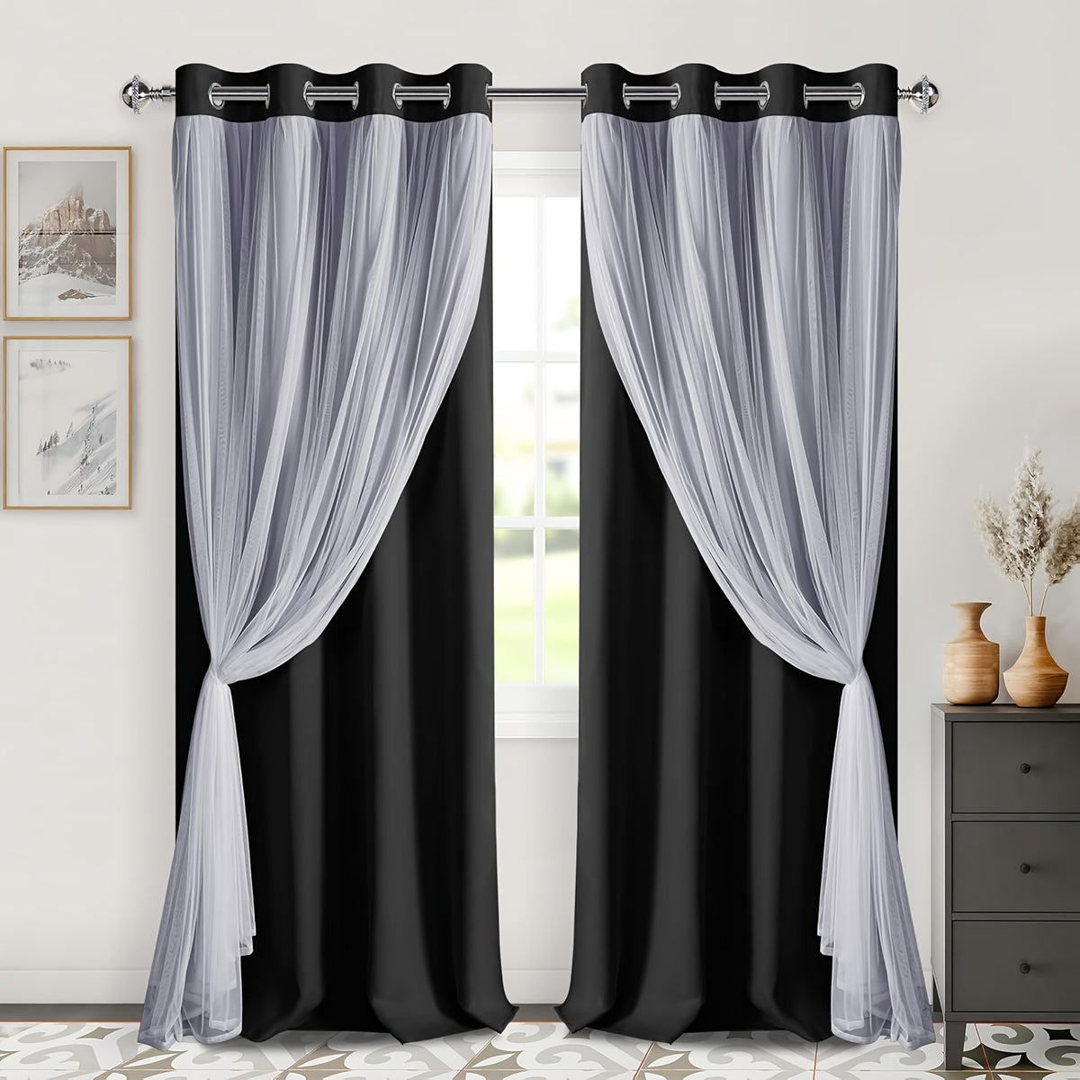 Double Layer Blackout Curtains with Sheer Overlay 2 Panels - Grommet Top Thermal Insulated Mix & Match Window Drapes with Tiebacks for Bedroom Living Room, All Season