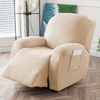 Jacquard Leaf Recliner Chair Cover 4-Piece Stretch Slipcover with Storage Pocket | Furniture Protector for Living Room Recliner, 6 Colors — Dark Gray Beige Wine Red Light Grey Chocolate Light Blue