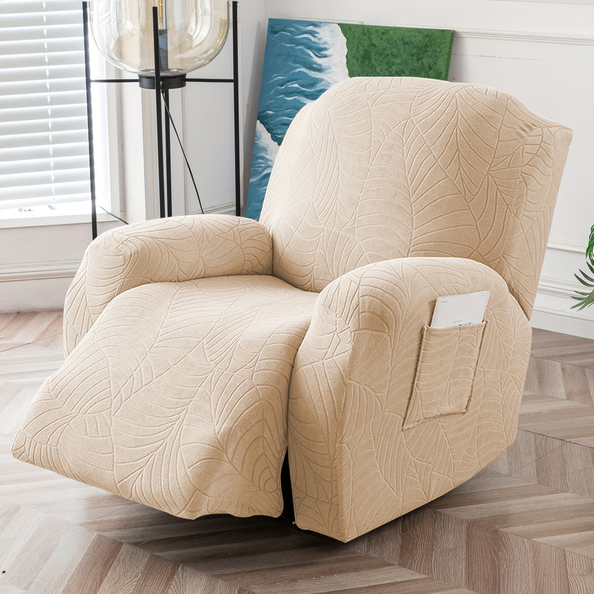 Jacquard Leaf Recliner Chair Cover 4-Piece Stretch Slipcover with Storage Pocket | Furniture Protector for Living Room Recliner, 6 Colors — Dark Gray Beige Wine Red Light Grey Chocolate Light Blue