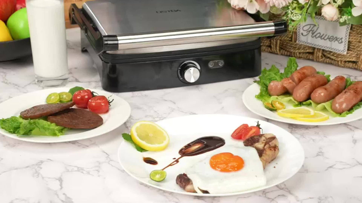 1200W Panini Press & Sandwich Maker 4-Slice Non-Stick Grill, 180° Flat Open, Adjustable Temp 120–428°F, Removable Drip Tray, LED Indicator, Cool-Touch Handle
