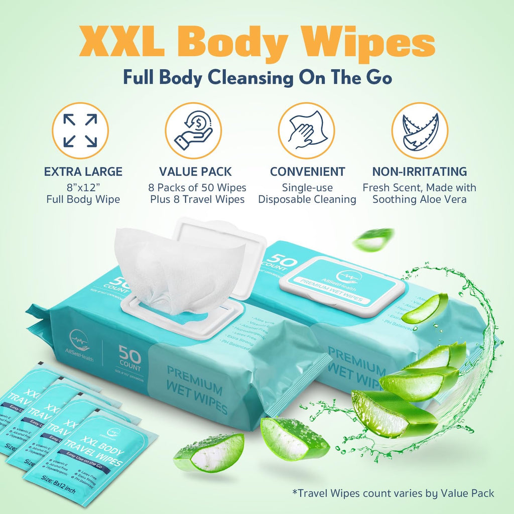 Body Wipes for Adults XL 8x12 Rinse-Free Bathing Wipes 400 Count with Aloe Vera - No-Rinse Disposable Washcloths for Seniors Gym Travel Camping & Caregiving