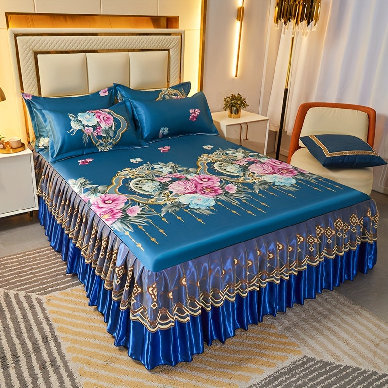 Bedding Set 3-Piece Double Layer Ruffle Bed Skirt Cool Mat with Pillowcases – Washable 360° Full Wrap Twin Full Queen King, 4 Printed Styles