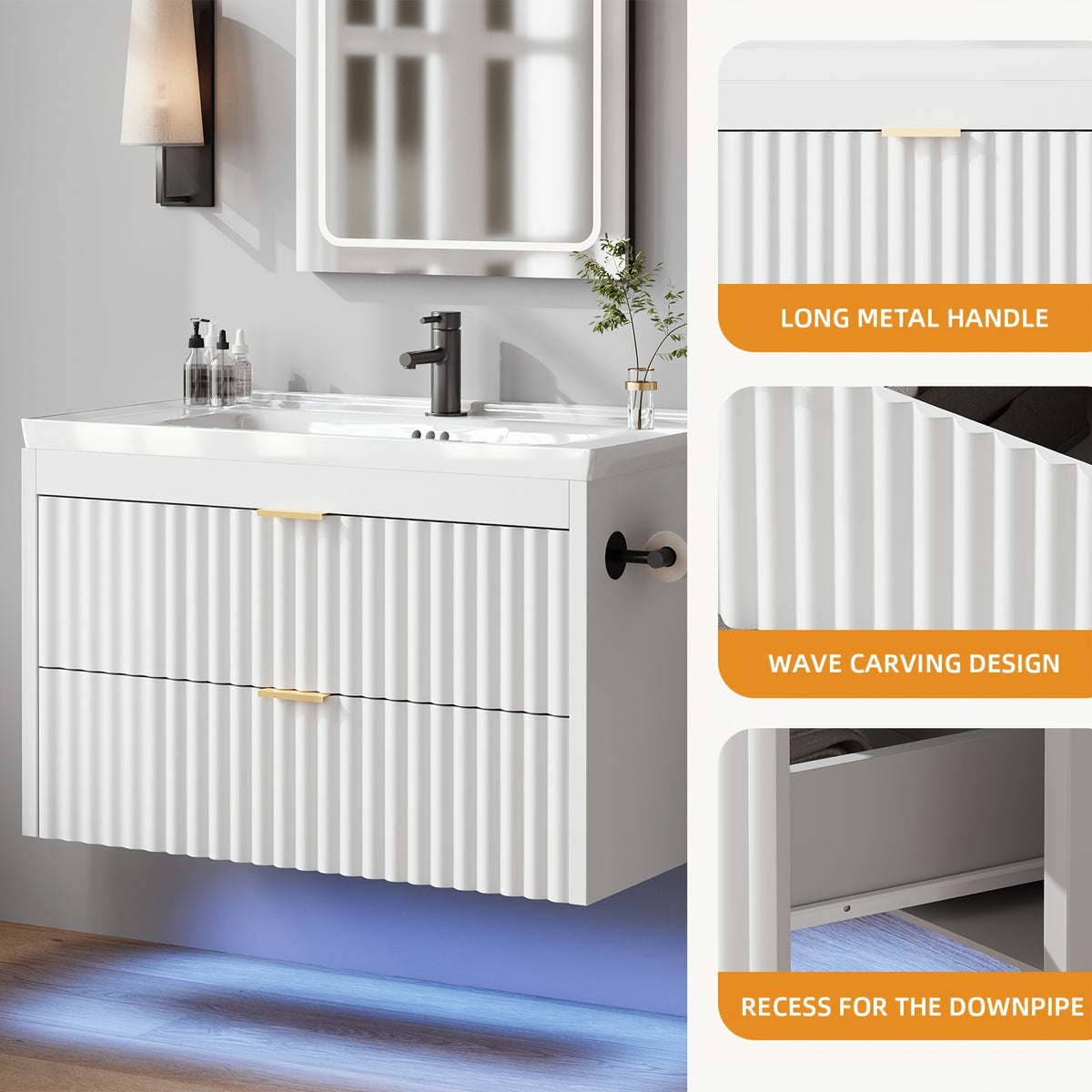 Floating Bathroom Vanity with Sink 24 Inch LED Light Wall Mounted 3-Hole Ceramic Basin Wave Line Design Soft Close Drawers for Small Spaces Black White