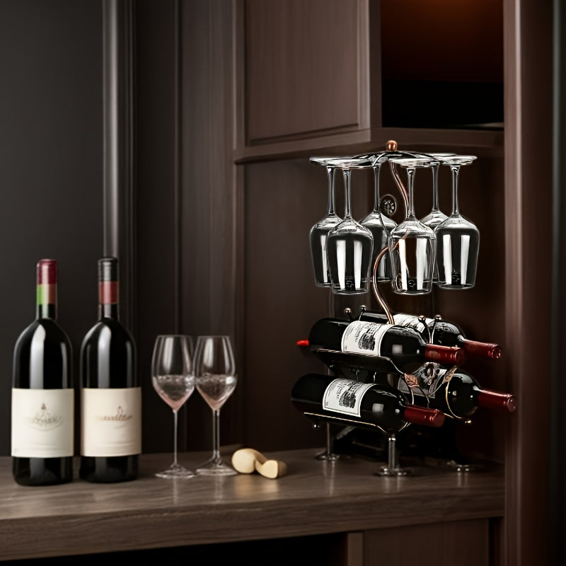 Countertop Wine Rack with Wine Glass Holder Holds 4 Bottles and 6 Glasses Iron Retro Bar Organizer for Kitchen Home Bar Pantry Dining Room