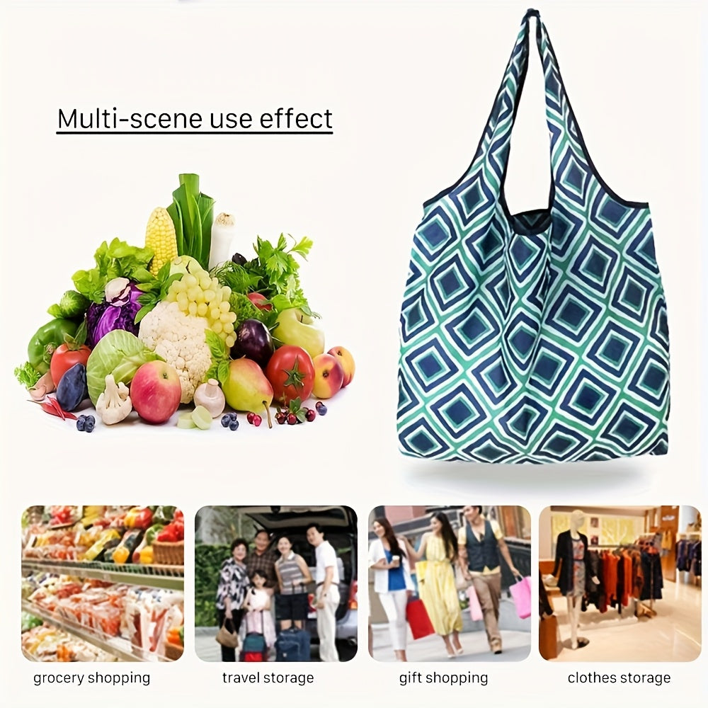 Foldable Shopping Bags 10pcs Reusable - Lightweight Waterproof Polyester Tote Bags with Storage Pockets & Cute Patterns, Eco-Friendly Grocery Bags in Random Colors
