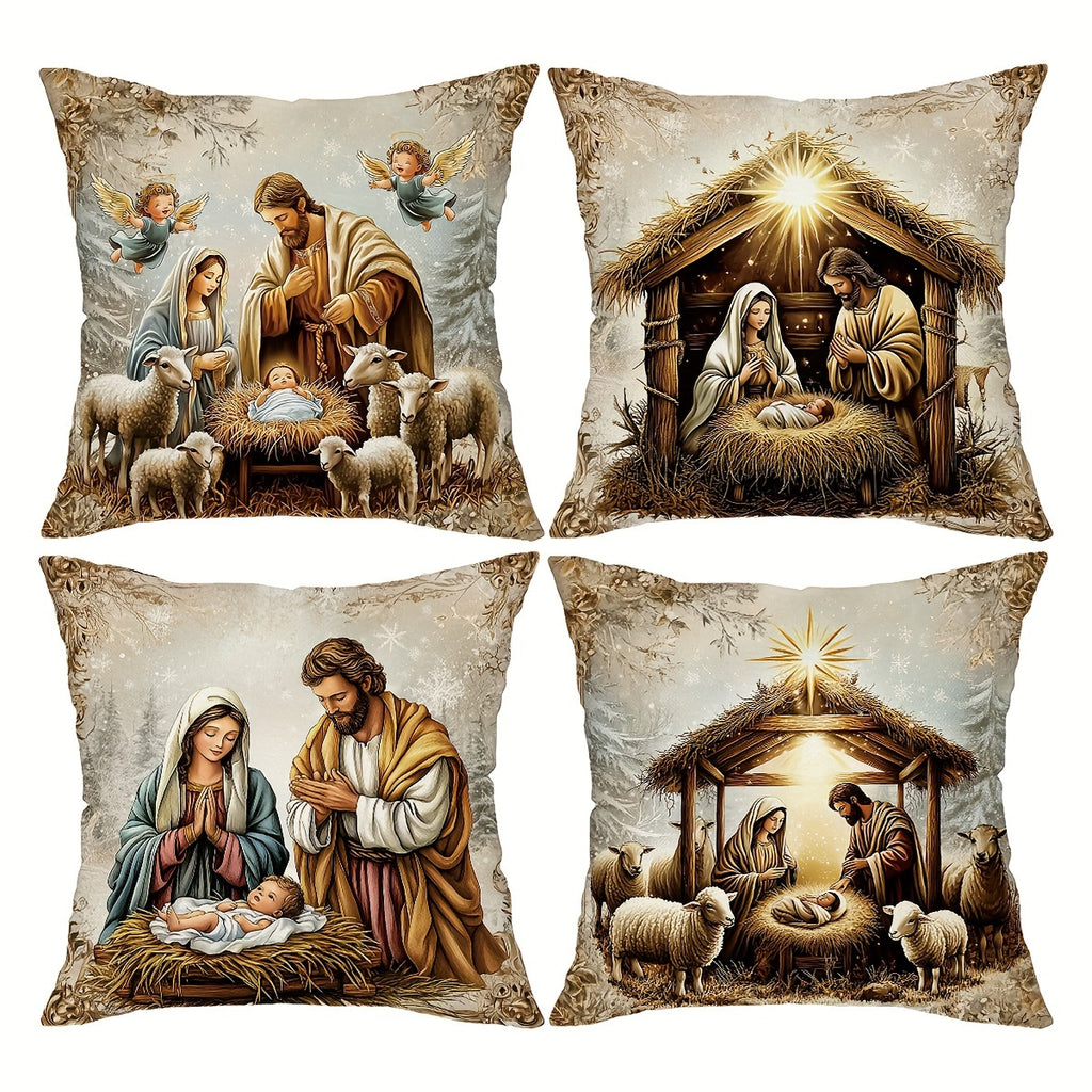 Christmas Pillowcase Set of 4 Farmhouse Holiday Decorative Cushion Covers 18x18 Inch for Sofa Living Room Bedroom Winter Home Decoration (No Pillow Insert)
