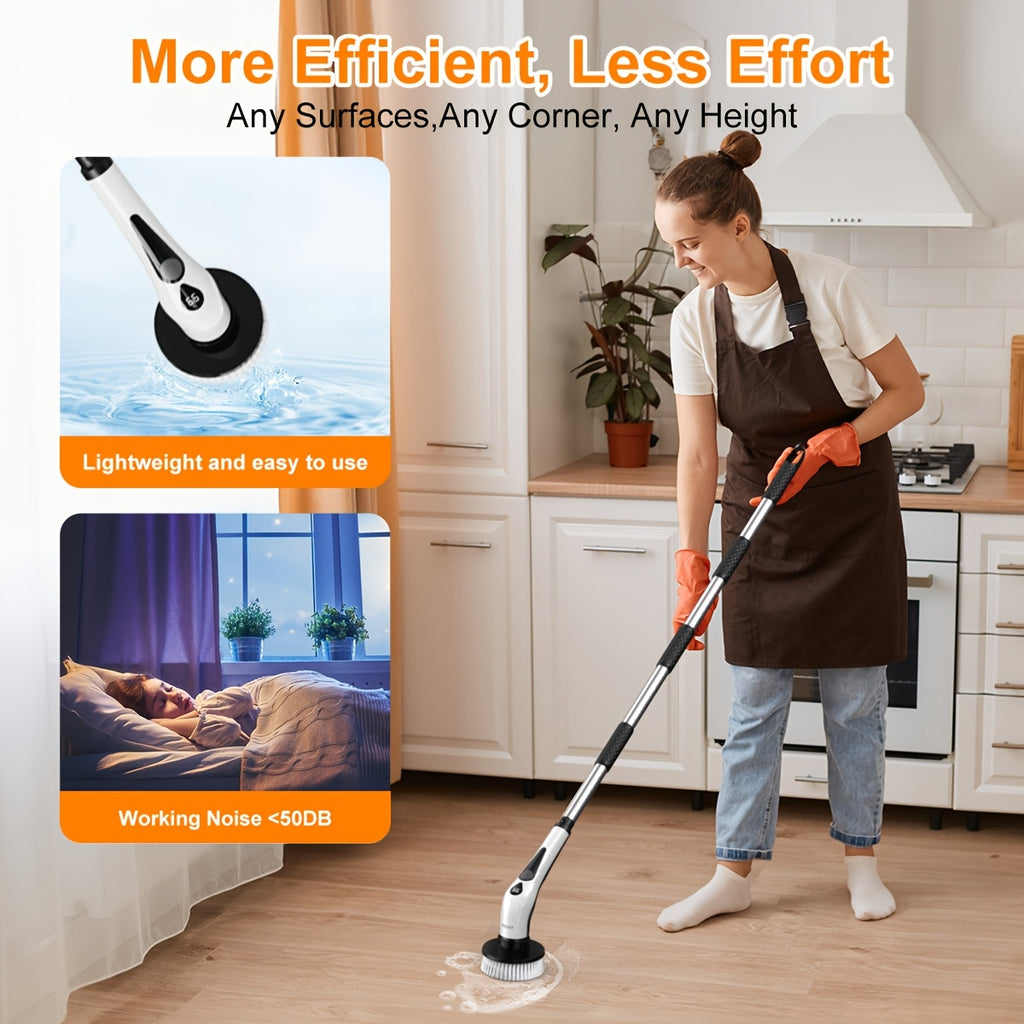 PRASKY Electric Spin Scrubber IPX8 Waterproof with LED Display – 9 Brush Heads, Adjustable 10–54" Handle, 2 Speeds, 90-Min Cordless Power Scrubber for Bathroom, Shower, Tile & Floor
