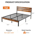 Iron Bed Frame with Wooden Plank Headboard Twin Full Queen Size Metal Platform Bed Heavy Duty Steel Slats Easy Assembly Bedroom