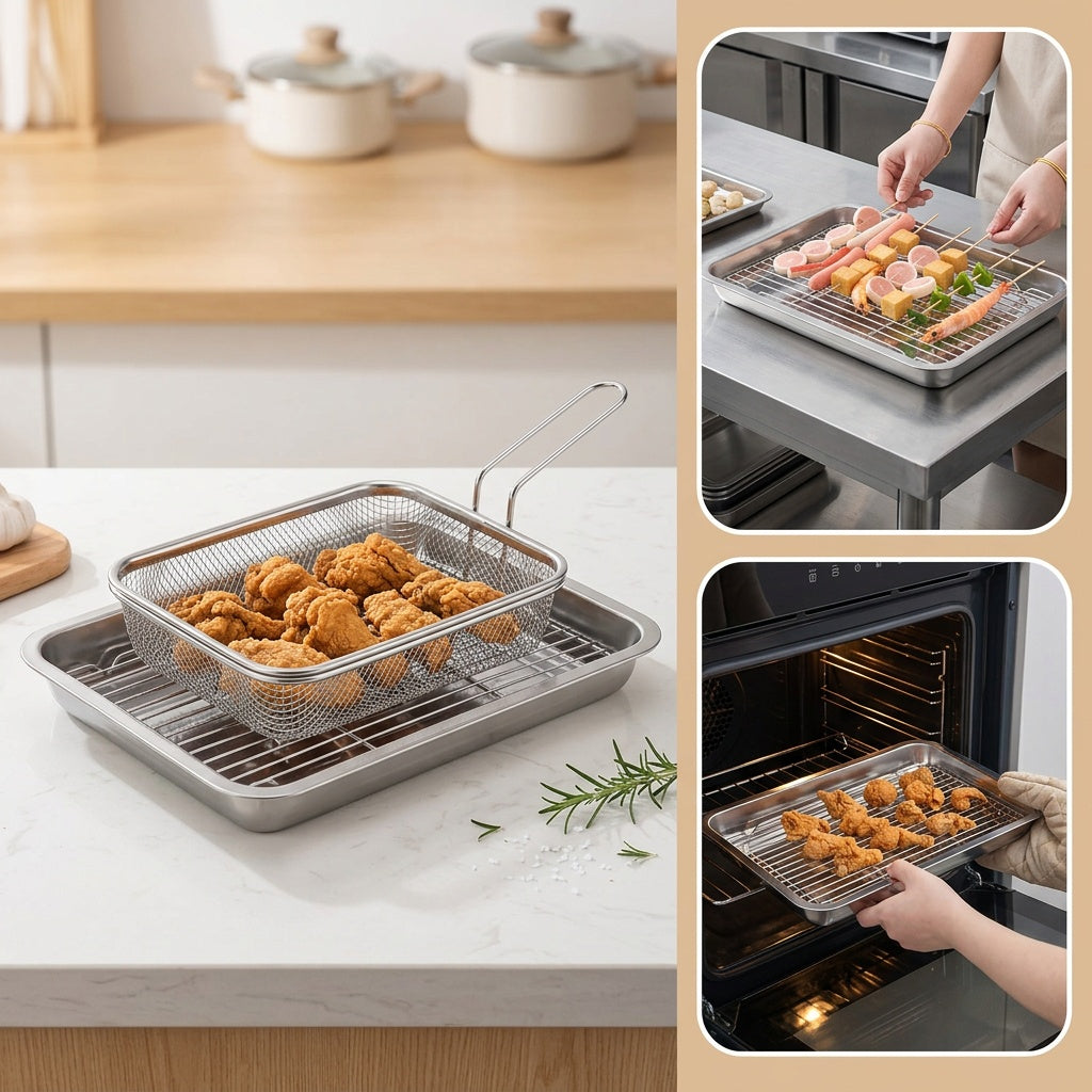 Stainless Steel Baking Tray Set with Cooling Rack & Mesh Basket - 12.5x8.6 Inch Cookie Sheet for Oven Baking, BBQ, Roasting & Vegetable Prep, Multi-Use Kitchen Set for Holiday Cooking