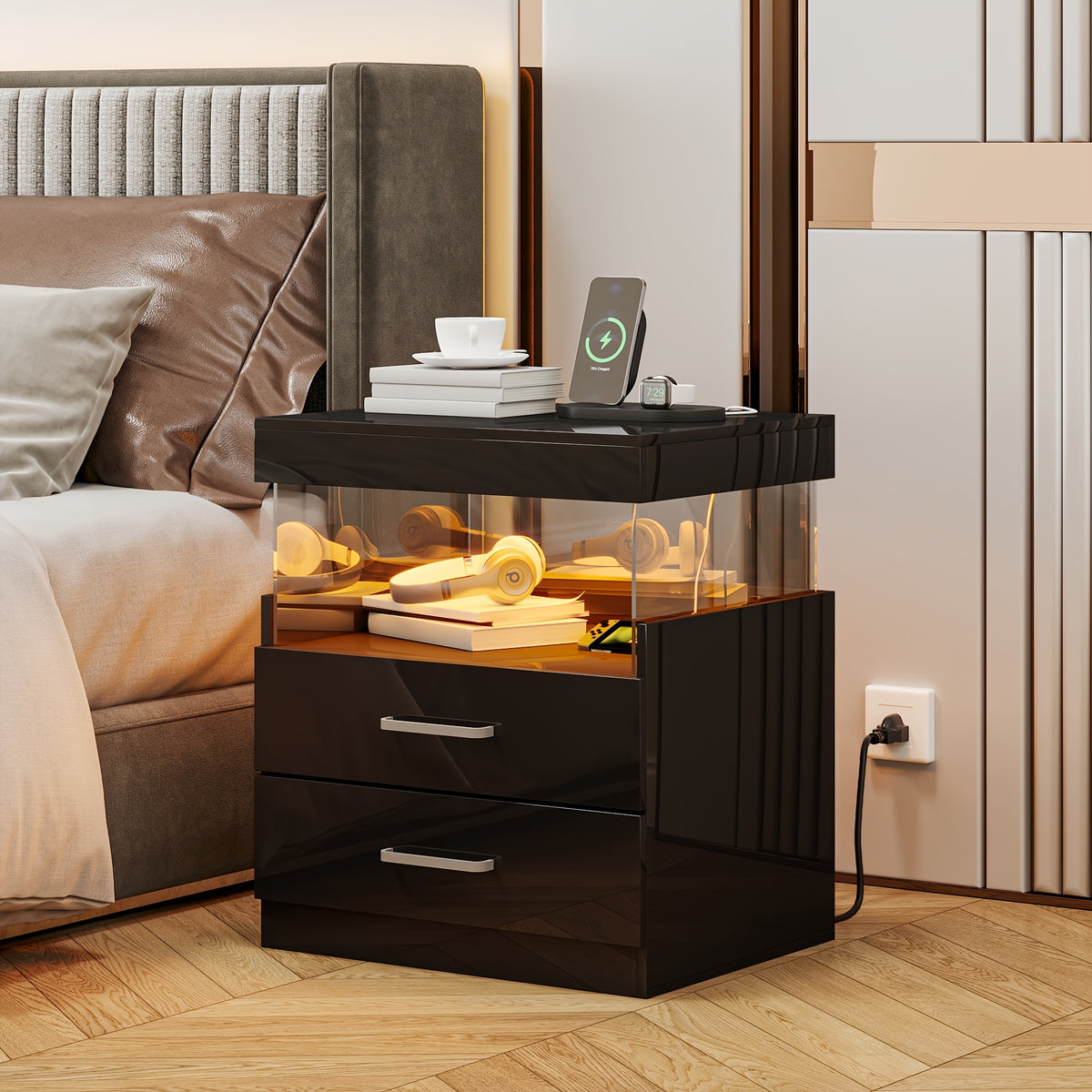 LED Nightstand with Charging Station USB Ports Outlets High Gloss Adjustable LED Lights 2 Storage Drawers Wood End Table Bedroom Living Room White Black 1pc or 2pcs