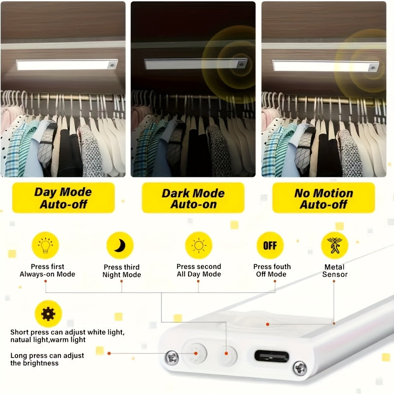 LED Motion Sensor Under Cabinet Lights USB Rechargeable – 3 Color Temperatures Wireless Stick-On Magnetic Night Light for Kitchen Cabinet Closet Wardrobe Cupboard Stairs
