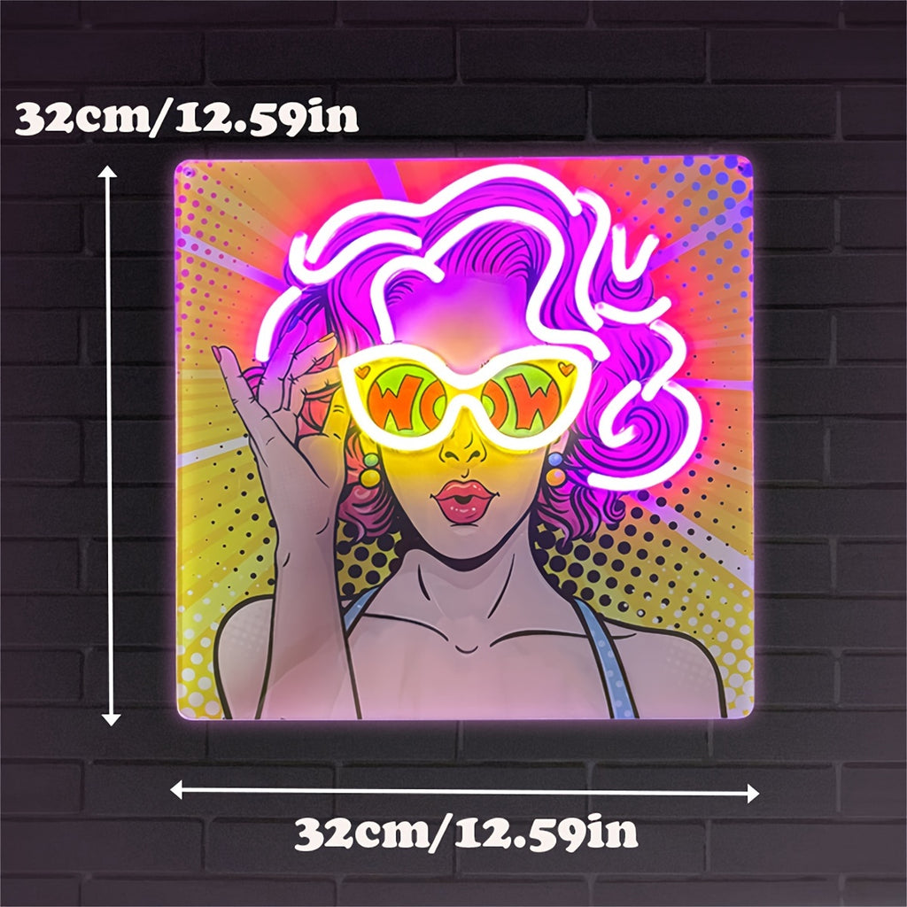 WOW Neon Sign Wall Decor with Curly Hair Girl – USB Powered UV Printed Neon Light for Bedroom, Bar & Party Decor, Single Color