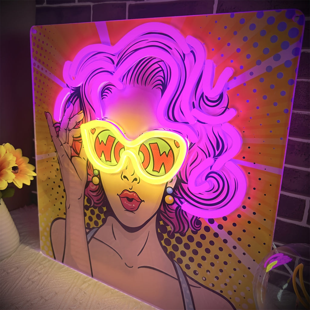 WOW Neon Sign Wall Decor with Curly Hair Girl – USB Powered UV Printed Neon Light for Bedroom, Bar & Party Decor, Single Color